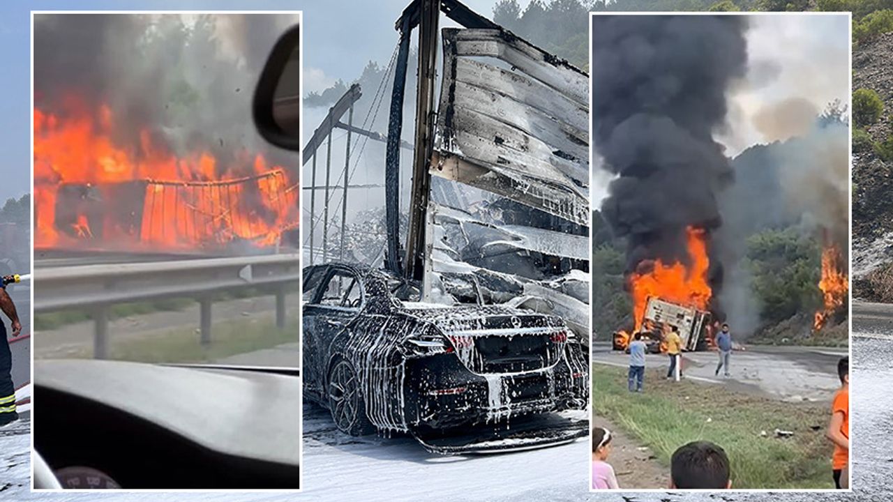 Kaza yapan tır ve otomobil alevlere teslim oldu