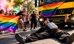 LGBT yürüyüşünde ilginç protesto! Rahip 'Tövbe edin' diye bağırarak İncil'iyle aracın önüne yattı