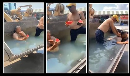 Kepçe havuza dönüştü: İşçiler sıcaklardan kaçış yolu buldu!
