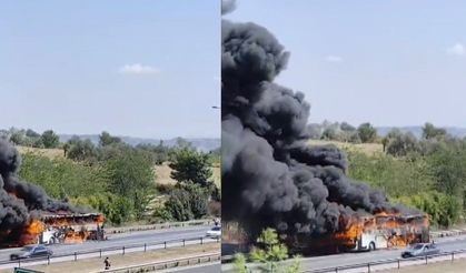 Otoyolda yolcu otobüsü alev alev yandı