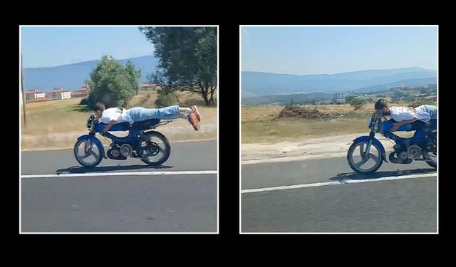 Trafikte akılalmaz olay! Motosikletinin üzerine yüzüstü yattı, faciaya davetiye çıkardı