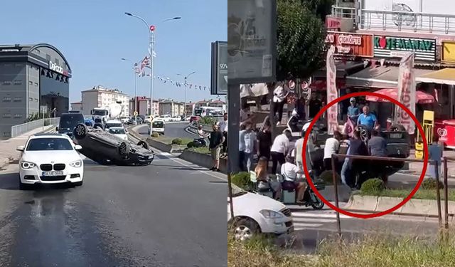 Büyükçekmece'de beklenmedik kaza: Otomobil kaldırıma değdi, devrildi!