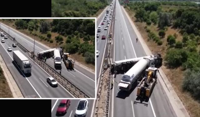 TEM otoyolunda tanker devrildi: Trafik tamamen durdu!