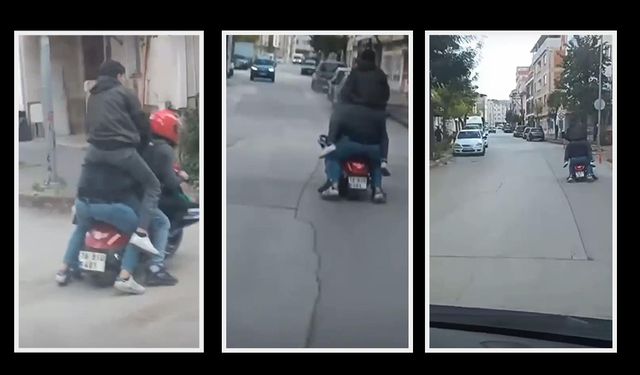 Trafik'te ilginç anlar! Motosiklete sığmak için sürücünün omzuna çıktı