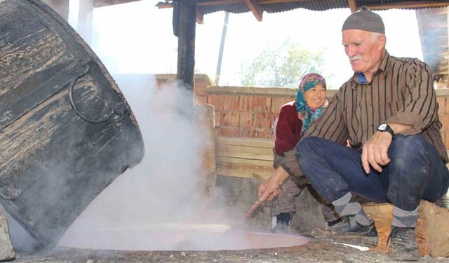 Üzüm sıkma makinesi ile pekmez kazanları kaynıyor