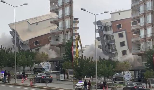 Ağır hasarlı bina yıkım sırasında korna sesiyle yerle bir oldu