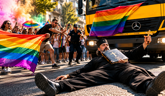 LGBT yürüyüşünde ilginç protesto! Rahip 'Tövbe edin' diye bağırarak İncil'iyle aracın önüne yattı