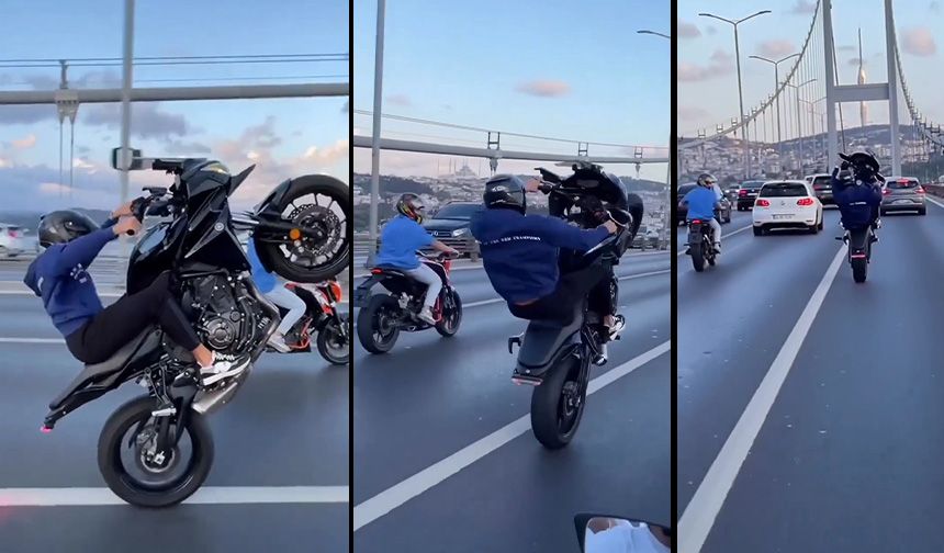 Köprüde motosikletlinin tehlikeli hareketleri kamerada!