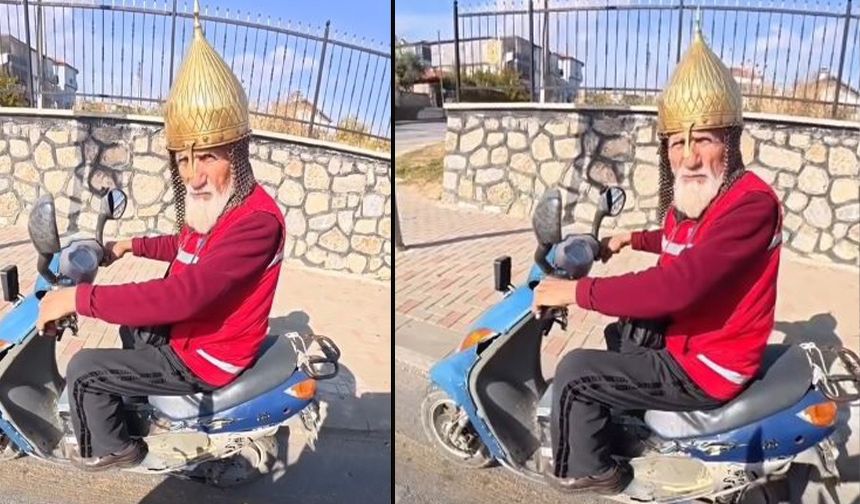 Kask yerine miğfer takan dede görenleri şaşırttı