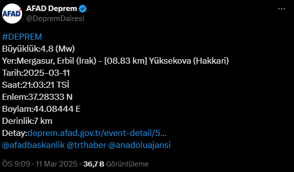 Hakkarı'de 4.8 buyuklugunde deprem meydana geldı