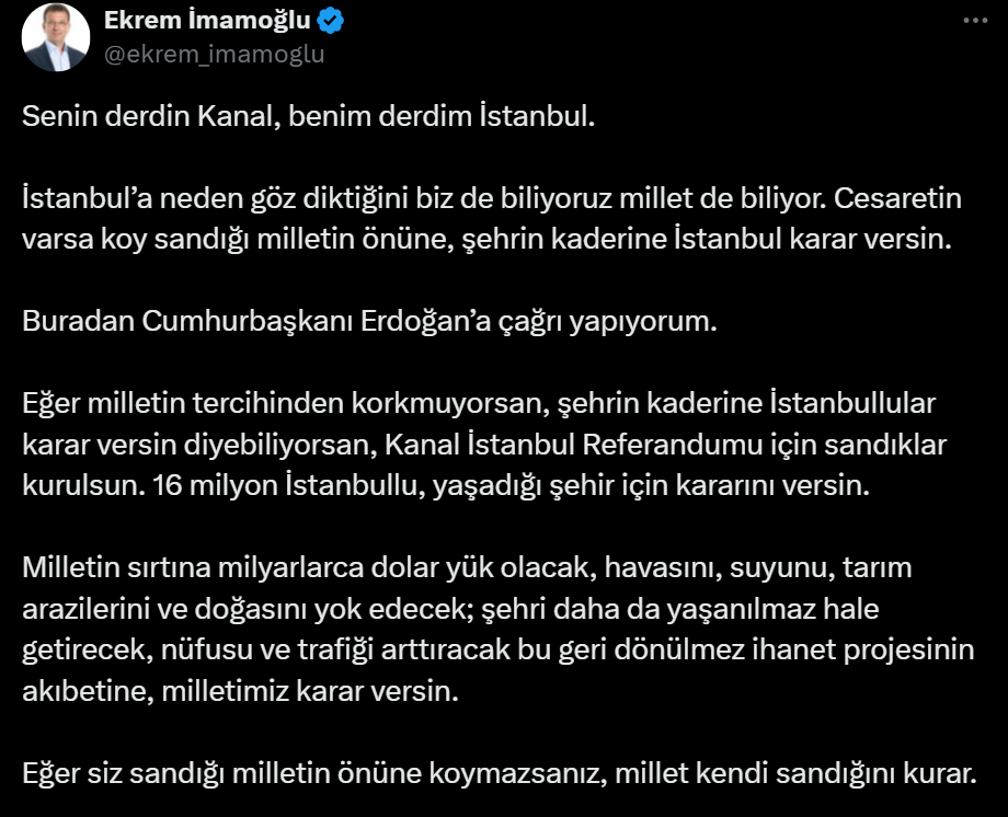 Ekrem Imamoglu'ndan Kanal Istanbul Projesı acıklaması. Cumhurbaskanı Erdogan'a cagrıda bulundu.